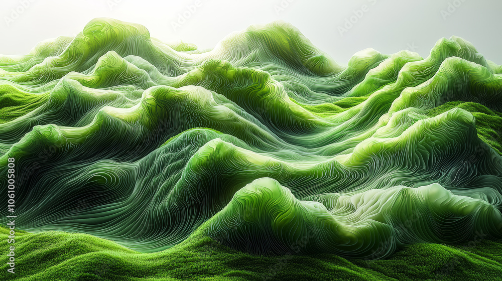 Fototapeta premium A hyper-detailed, high-contrast 3D rendering of abstract grass waves in green and gray tones. Generative AI