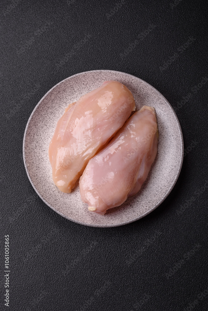 Fototapeta premium Pieces of raw chicken or turkey fillet with salt, spices and herbs