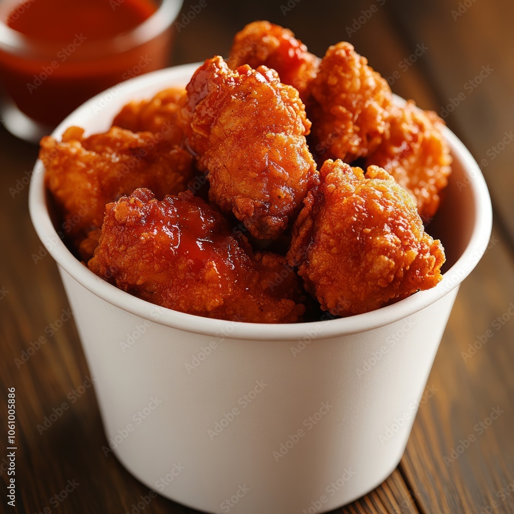 Crispy fried chicken nuggets in a white paper bucket with sauce. Crispy fried chicken nuggets in a white paper bucket with sauce.