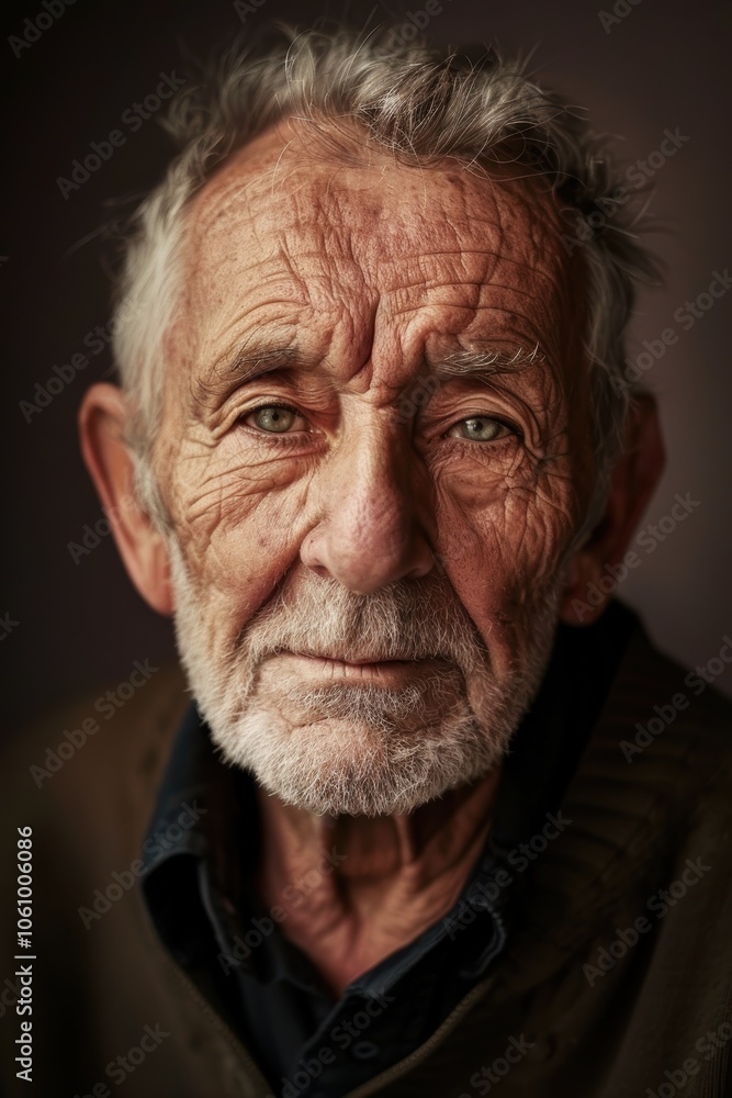 Portrait of Elderly Man with Gentle Expression on Monochrome Lavender Background Portrait of Elderly Man with Gentle Expression on Monochrome Lavender Background