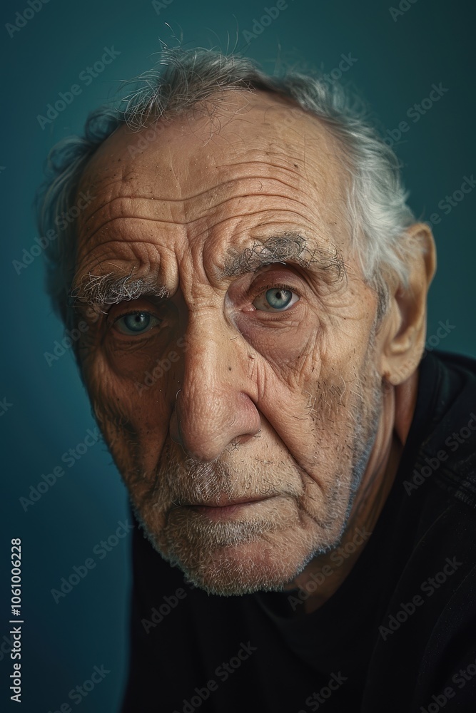 Obraz premium Thoughtful Elderly Man Against Teal Background for Reflective Portraiture
