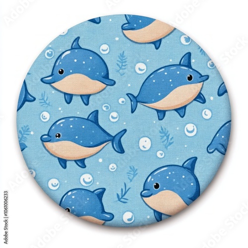 Cute blue dolphins with bubbles and seaweed on a blue background.