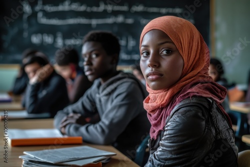 A group of diverse blak students attentively listens to a lesson in a classroom. One student in the foreground wears a hijab, expressing thoughtfulness as the lesson unfolds. refugee integration photo