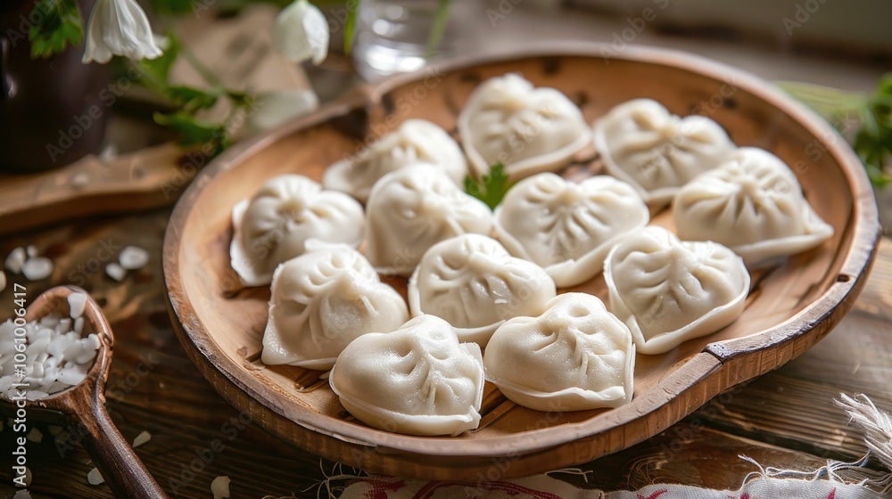 Fototapeta premium A plate of freshly made heart-shaped dumplings, beautifully laid out on a wooden surface, creates a feeling of warmth and home enjoyment. Perfect for foodies and food photographers.