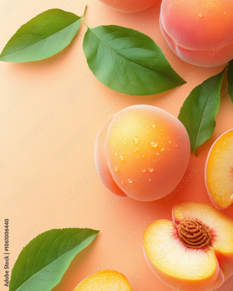Fresh peaches with dewdrops and green leaves on peach colored background create vibrant and refreshing composition. Fresh peaches with dewdrops and green leaves on peach colored background create vibrant and refreshing composition.