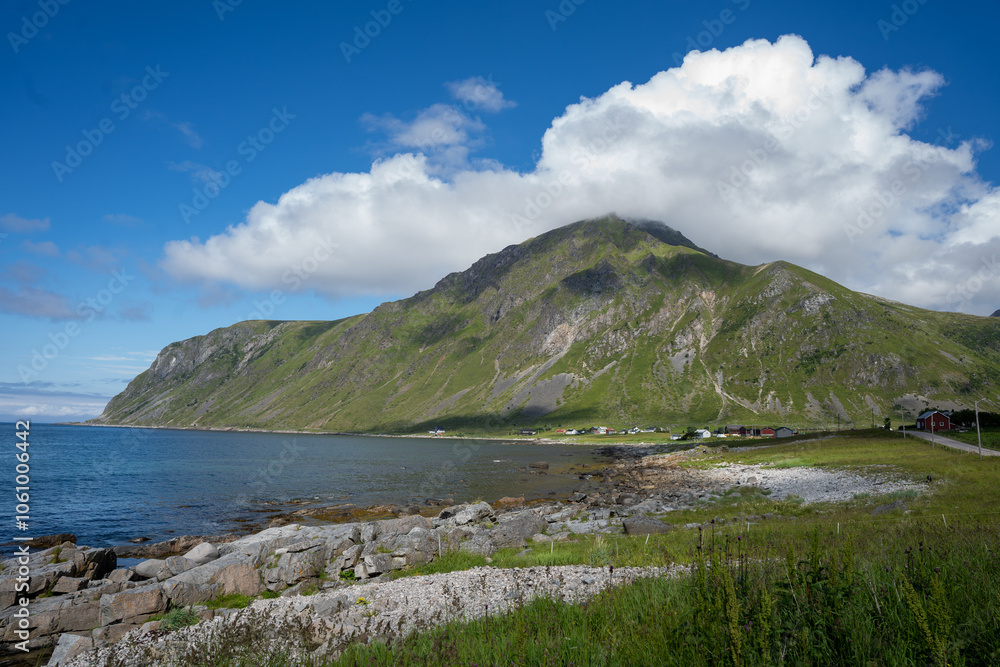 Fototapeta premium Beautiful green mountain and fjord landscape in Lofoten islands, Norway