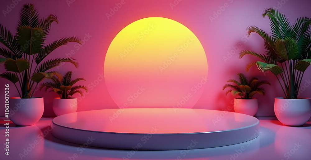 A sleek podium with a sunset gradient background, vibrant pink, orange, and purple hues, tropical plants in the corners, soft lighting, 80s retro aesthetic, luxurious and modern, scene for products. A sleek podium with a sunset gradient background, vibrant pink, orange, and purple hues, tropical plants in the corners, soft lighting, 80s retro aesthetic, luxurious and modern, scene for products.