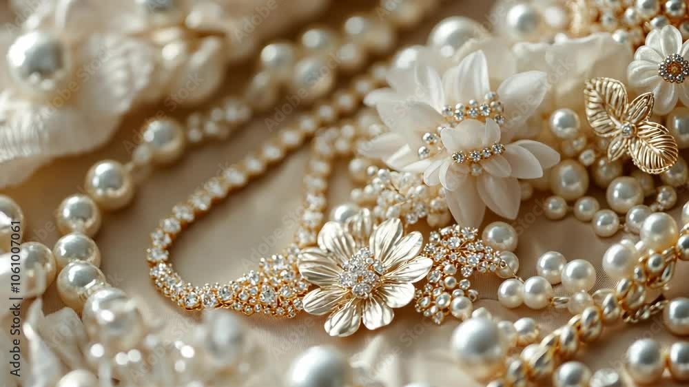 A close-up view of several pearl and crystal necklaces laid out on a soft, neutral surface A close-up view of several pearl and crystal necklaces laid out on a soft, neutral surface