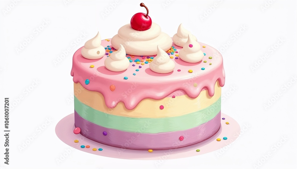 Colorful cake with cream and cherry on top for celebration, dessert, copy space Colorful cake with cream and cherry on top for celebration, dessert, copy space