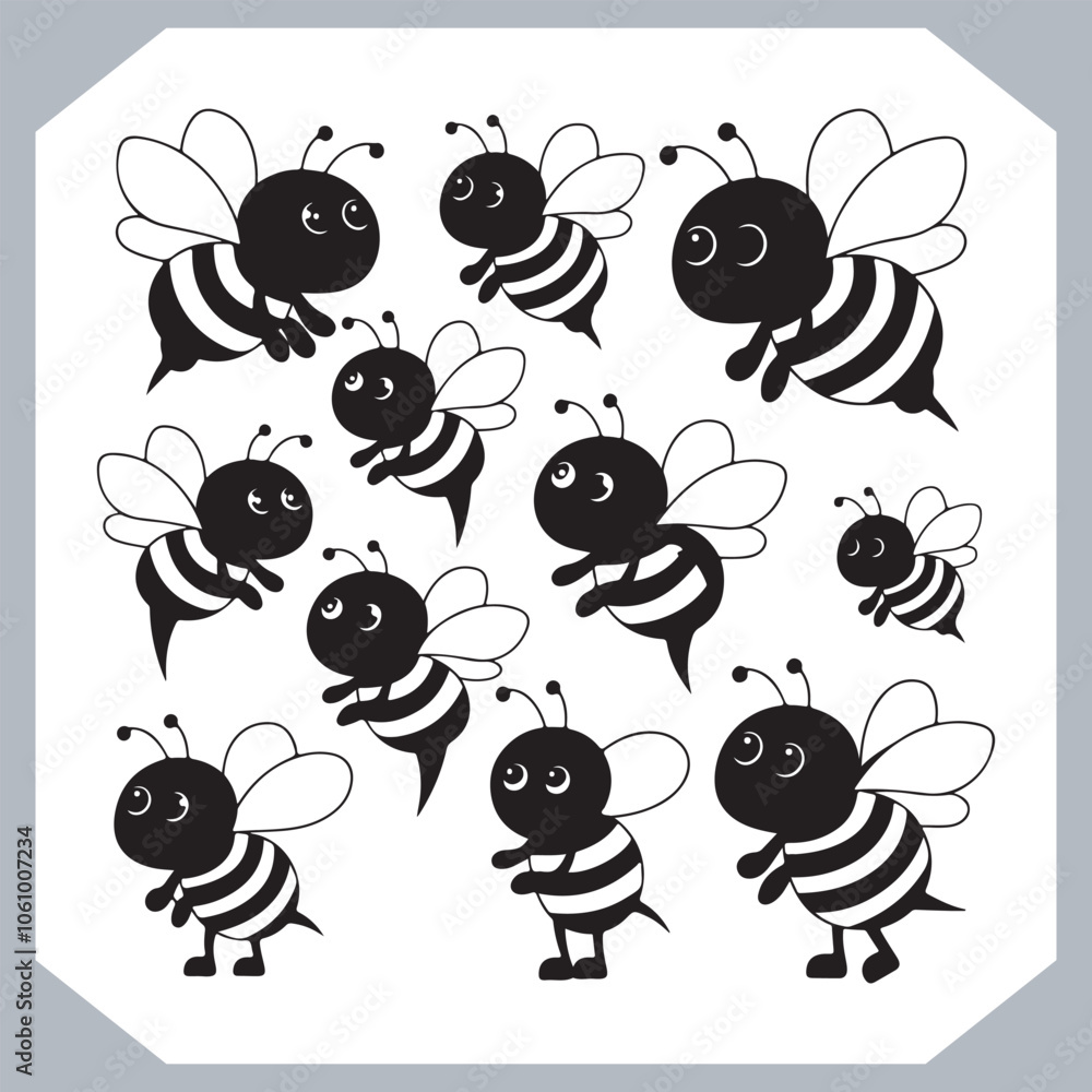 Obraz premium Bee simple logotype icon, Bee silhouette set collection, hand drawn Bee on white background