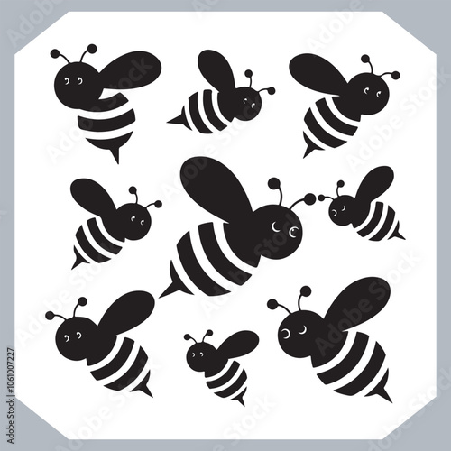 Bee simple logotype icon, Bee silhouette set collection, hand drawn Bee on white background