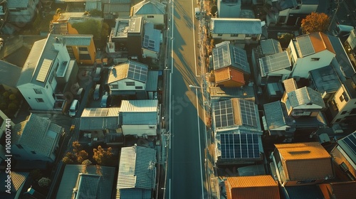 Aerial View of Japanese Neighborhood with Solar Panels. AI generated illustration