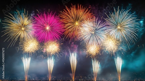 Colorful fireworks display lighting up night sky photo