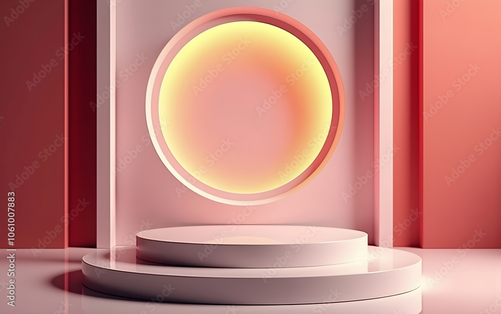 A pastel circular podium with vibrant pink, red and peach gradient tones,illuminated by soft,diffused light. Clean, modern aesthetic, vibrant colors, and minimalistic design, scene for products. A pastel circular podium with vibrant pink, red and peach gradient tones,illuminated by soft,diffused light. Clean, modern aesthetic, vibrant colors, and minimalistic design, scene for products.