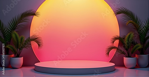 A sleek podium with a sunset gradient background, vibrant pink, orange, and purple hues, tropical plants in the corners, soft lighting, 80s retro aesthetic, luxurious and modern, scene for products. photo