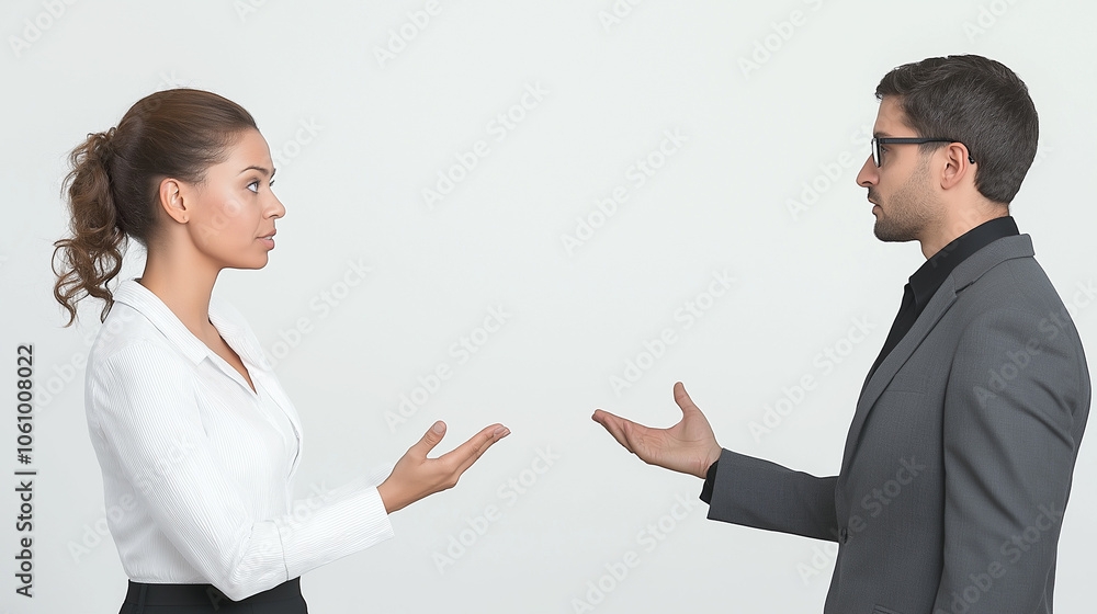 Serious business professionals in a disagreement, facing each other, formal suits, discussing issues, concept of conflict and negotiation in the workplace Serious business professionals in a disagreement, facing each other, formal suits, discussing issues, concept of conflict and negotiation in the workplace