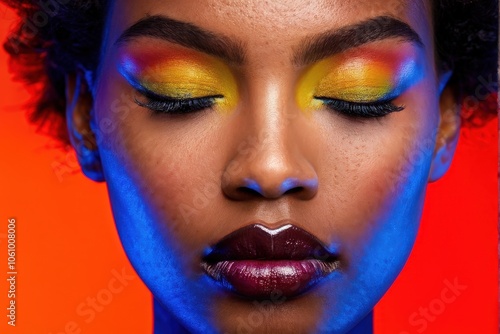 Close-up portrait of a young woman with striking, artistic makeup in bold colors, set against a vivid red background. Generative AI