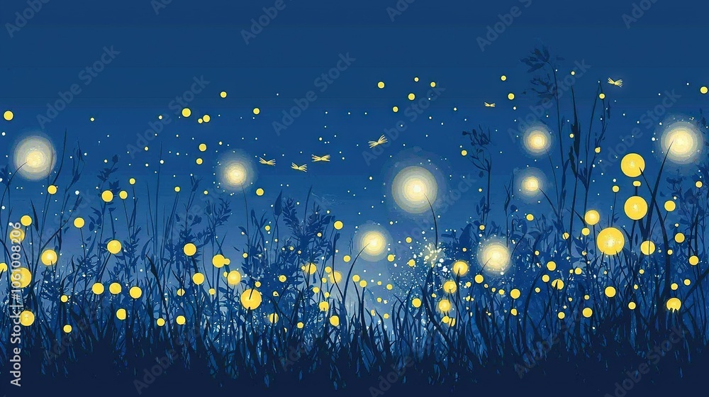 A blue sky in the background of a painting of fireflies flying above a field of tall grass at night A blue sky in the background of a painting of fireflies flying above a field of tall grass at night