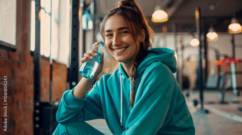 Fototapeta premium Happy Young Smiling Strong Sporty Fitness Trainer in Green Tracksuit Holding Mobile Phone, Drinking Water, and Exercising at Home Gym: Workout Sport Concept
