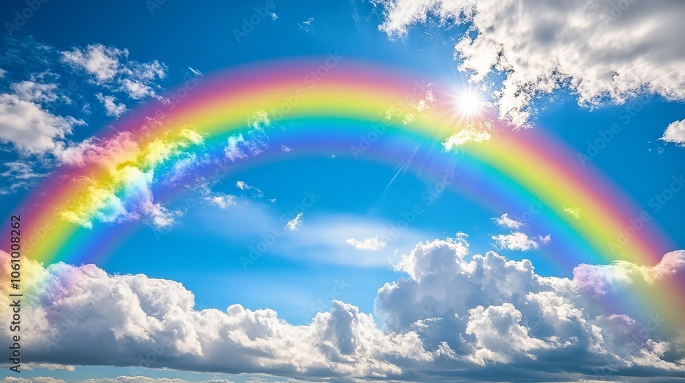 Vibrant Rainbow Arching Across a Clear Blue Sky with Bright Sunshine. AI generated illustration Vibrant Rainbow Arching Across a Clear Blue Sky with Bright Sunshine. AI generated illustration