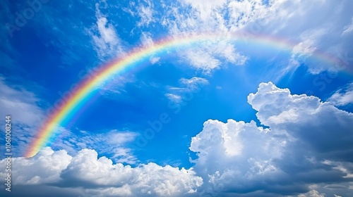 Vibrant Rainbow Arching Across a Clear Blue Sky with Bright Sunshine. AI generated illustration