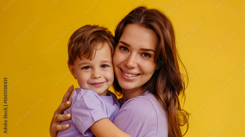 Happy Young Woman Having Fun with Cute Child Baby Boy (5-7 Years Old) in Violet T-Shirt: Mommy and Little Kid Son Posing Together in Studio on Yellow Background Happy Young Woman Having Fun with Cute Child Baby Boy (5-7 Years Old) in Violet T-Shirt: Mommy and Little Kid Son Posing Together in Studio on Yellow Background