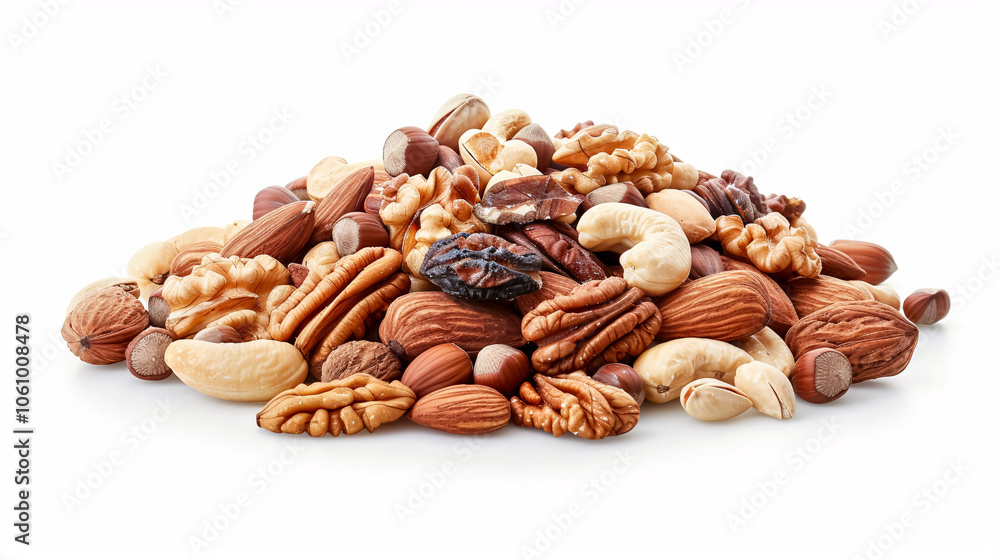 Tasty Nuts: Heap of different tasty nuts isolated on a white background, perfect for snack or health-related content. Tasty Nuts: Heap of different tasty nuts isolated on a white background, perfect for snack or health-related content.