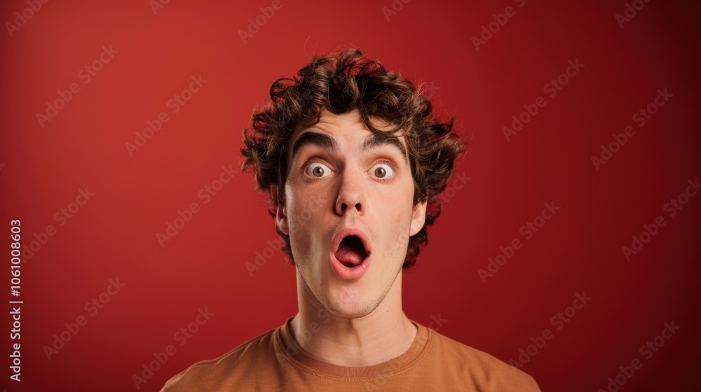 Amazed Young Man Against Red Background: Expressions and Reactions for Creative Designs Amazed Young Man Against Red Background: Expressions and Reactions for Creative Designs