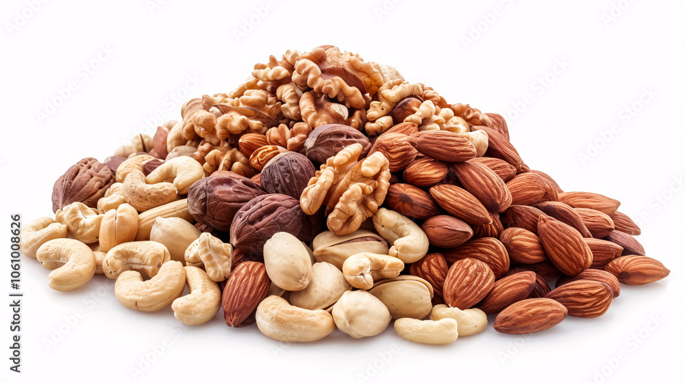 Tasty Nuts: Heap of different tasty nuts isolated on a white background, perfect for snack or health-related content. Tasty Nuts: Heap of different tasty nuts isolated on a white background, perfect for snack or health-related content.