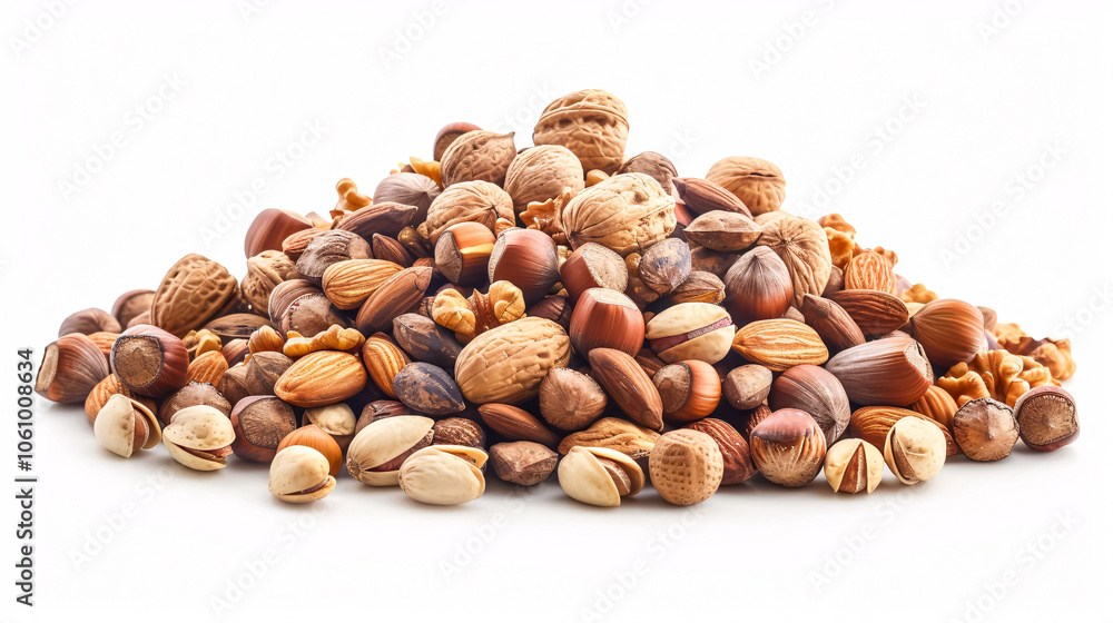 Tasty Nuts: Heap of different tasty nuts isolated on a white background, perfect for snack or health-related content. Tasty Nuts: Heap of different tasty nuts isolated on a white background, perfect for snack or health-related content.