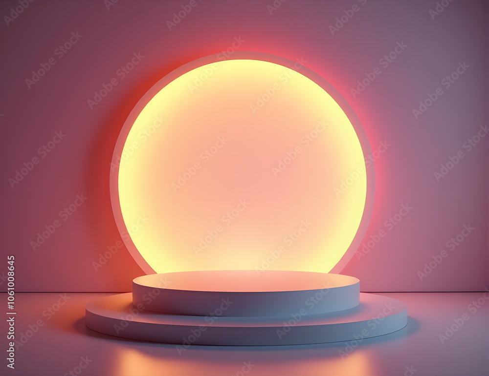 A pastel circular podium with yellow, pink, red and peach gradient tones,illuminated by soft,diffused light. Clean, modern aesthetic, vibrant colors, and minimalistic design, scene for products. A pastel circular podium with yellow, pink, red and peach gradient tones,illuminated by soft,diffused light. Clean, modern aesthetic, vibrant colors, and minimalistic design, scene for products.