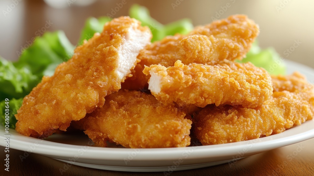Crispy fried chicken strips with lettuce on white plate. Crispy fried chicken strips with lettuce on white plate.