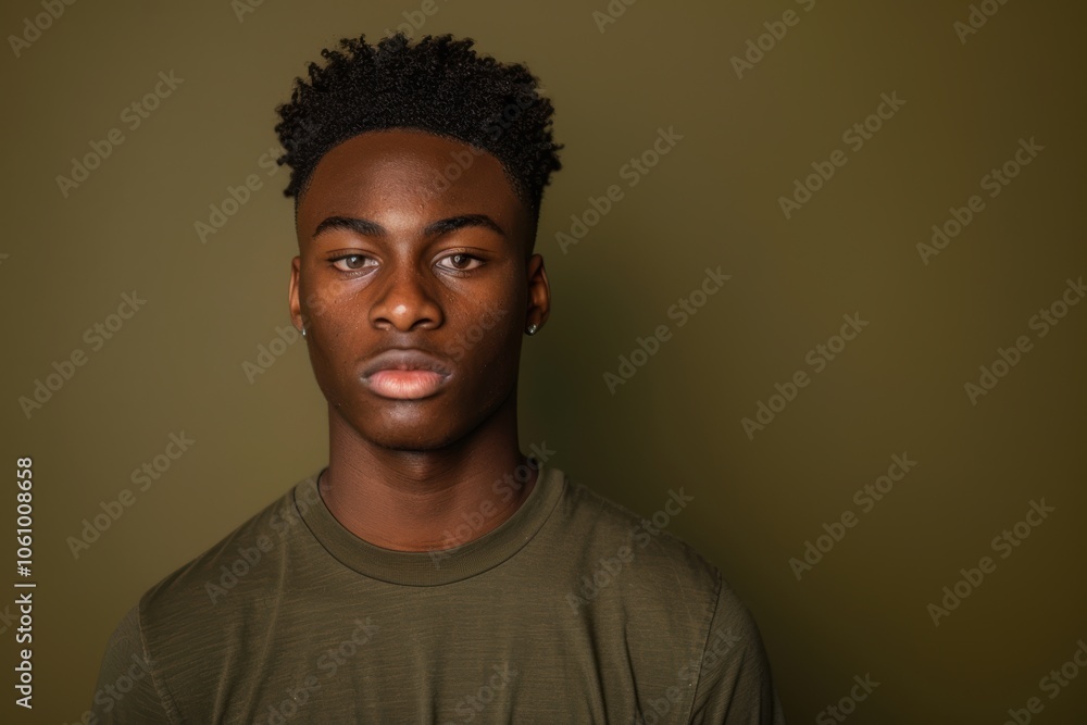 Determined Young Man Standing Against a Deep Olive Monochrome Background for Motivational Themes Determined Young Man Standing Against a Deep Olive Monochrome Background for Motivational Themes