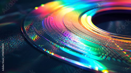 A close-up of a rainbow-colored CD reflecting light photo