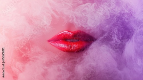   Close-up portrait of a woman with pink lips against a pink and purple background