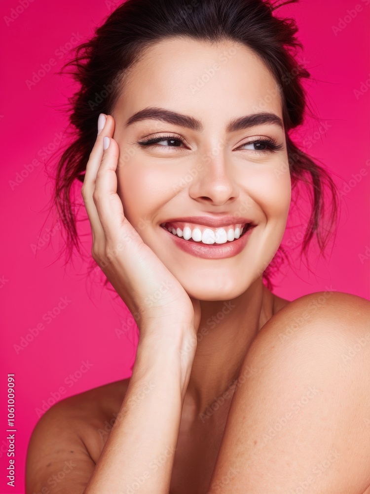 Close-up portrait of a woman with a radiant smile and glowing skin, set against a pink background. Generative AI Close-up portrait of a woman with a radiant smile and glowing skin, set against a pink background. Generative AI