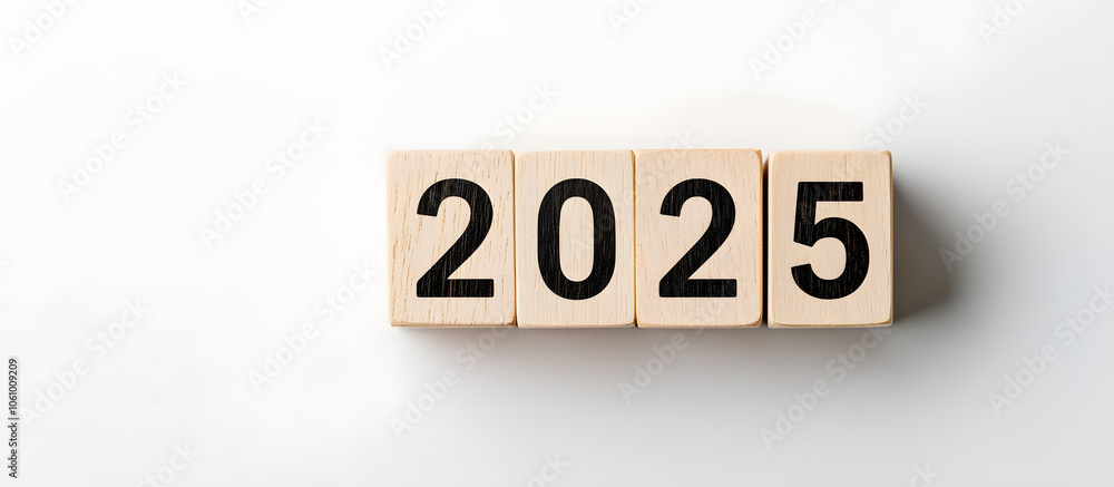 Wooden cubes with the text ‘2025’ on a white background, symbolising the new year, fresh beginnings, and the anticipation of future opportunities Wooden cubes with the text ‘2025’ on a white background, symbolising the new year, fresh beginnings, and the anticipation of future opportunities