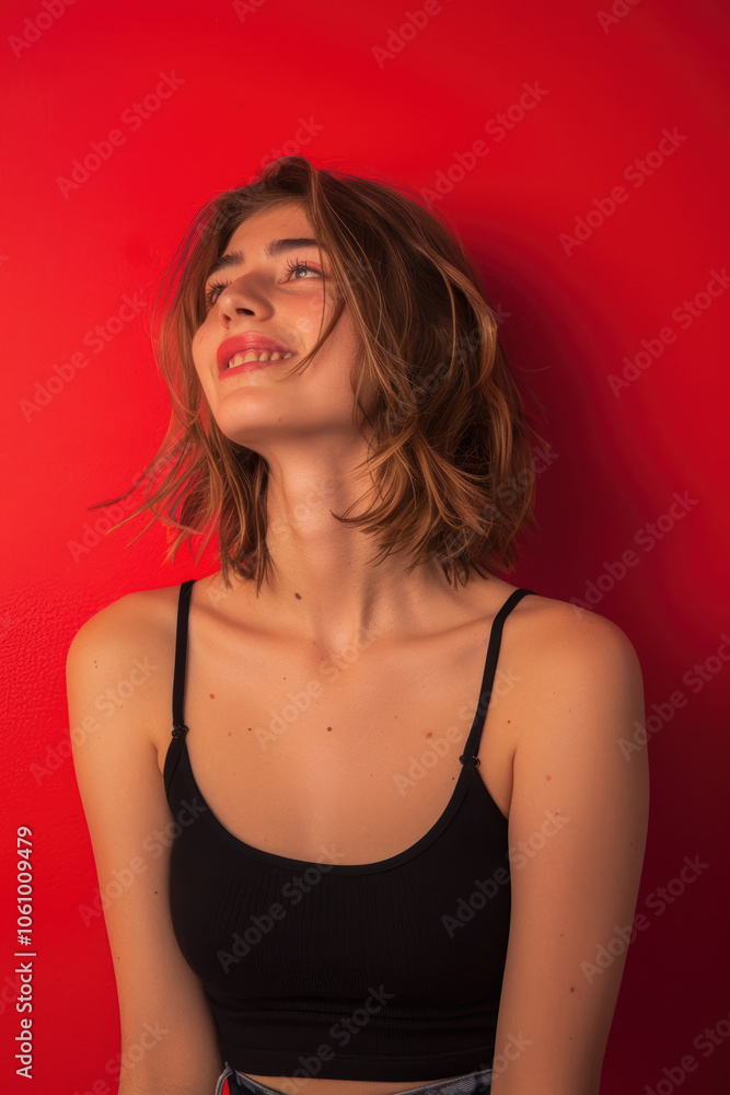 Playful Youthful Woman Against Bold Red Background for Lively Designs Playful Youthful Woman Against Bold Red Background for Lively Designs