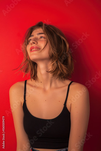 Wallpaper Mural Playful Youthful Woman Against Bold Red Background for Lively Designs Torontodigital.ca