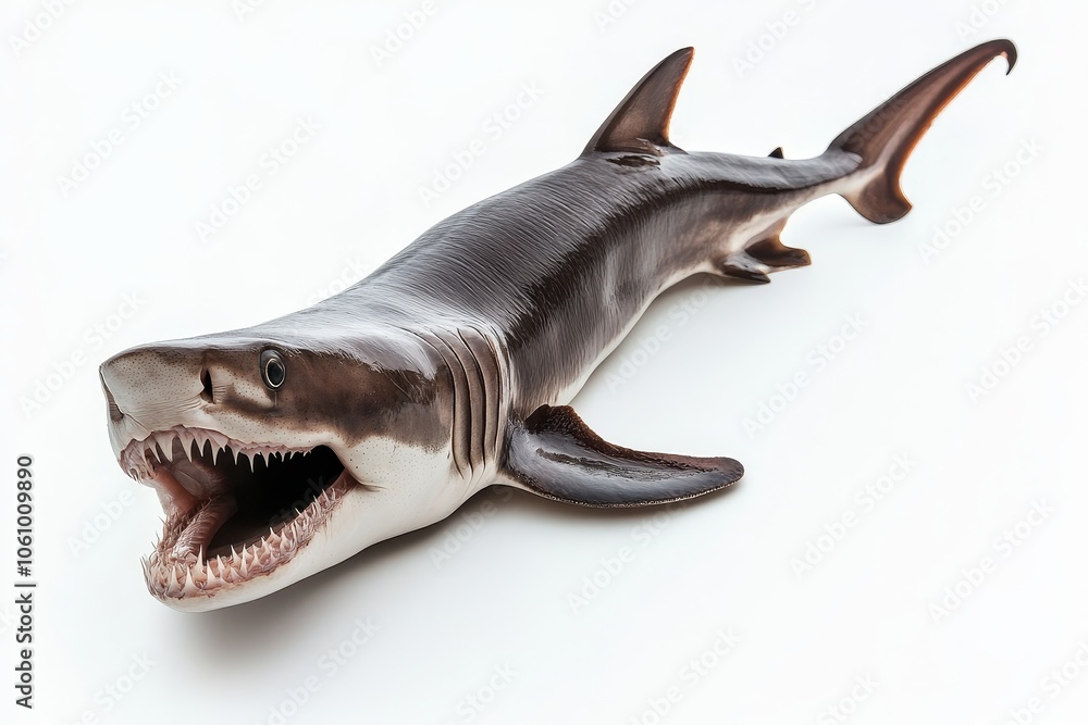 Naklejka premium A Cookiecutter Shark, a small, deep-sea predator with a distinctive bite, is isolated on a white background. Its sharp teeth, dark coloration, and unique body shape make it a fascinating and intimidat