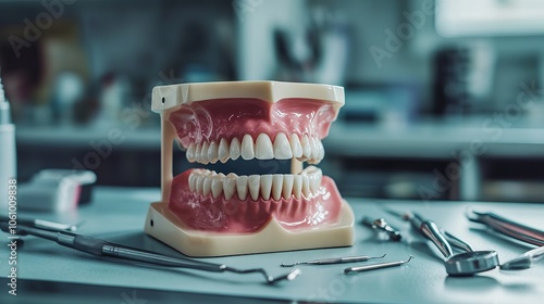 Dental Model and Care Tools in a Clinic. AI generated illustration