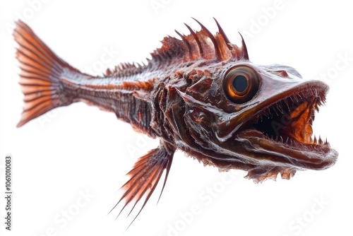 A close-up photo of a deep-sea anglerfish, showcasing its unique features, including its bioluminescent lure, sharp teeth, and large eyes. This fascinating creature inhabits the ocean depths, making i photo