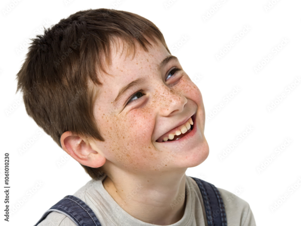 Obraz premium Portrait of a cheerful young boy with freckles and a big smile, isolated on transparent background