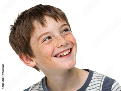 Portrait of a cheerful young boy with freckles and a big smile, isolated on transparent background