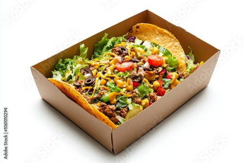 Fresh, vibrant taco salad loaded with ground beef, lettuce, tomatoes, olives, and a creamy dressing, all neatly packed in a delivery box, perfect for a satisfying meal. photo