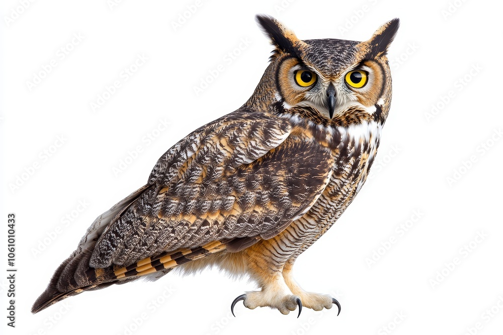 A stunning image of a Great Horned Owl, captured in perfect detail against a white background. This majestic bird embodies wisdom, power, and mystery. A stunning image of a Great Horned Owl, captured in perfect detail against a white background. This majestic bird embodies wisdom, power, and mystery.