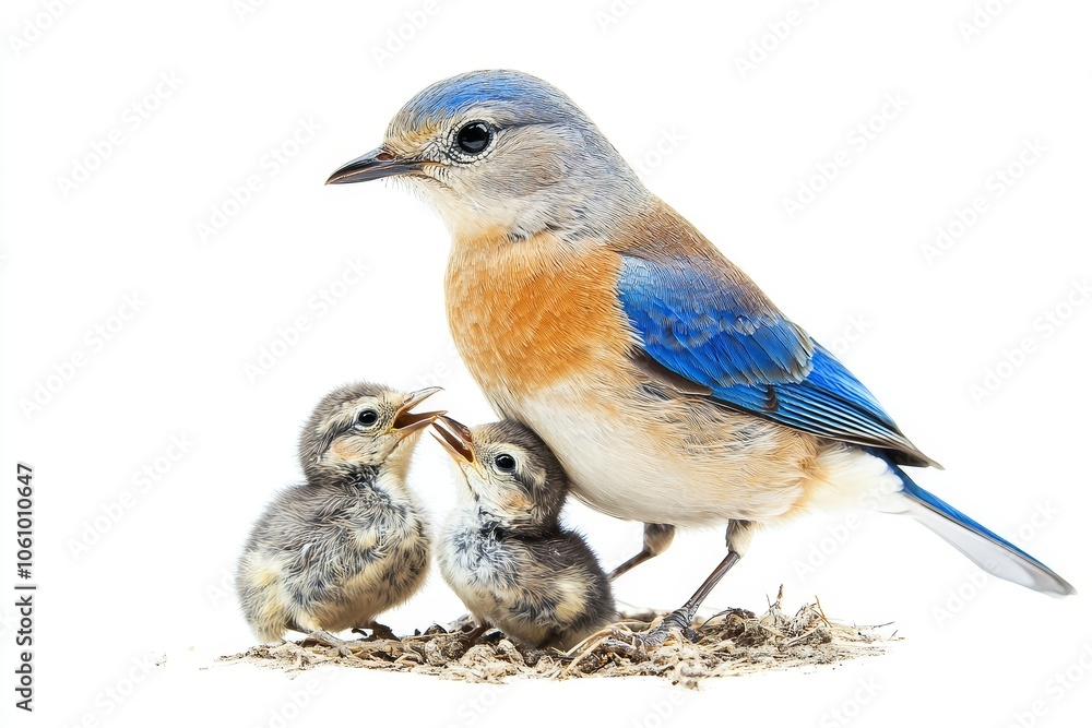Fototapeta premium A nurturing bluebird mother tenderly feeds her hungry chicks, symbolizing maternal care, family, growth, instinct, and nature's cycle.