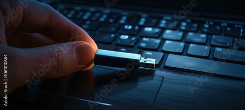 Cybersecurity Threat Concept: Hacker Hand with USB in Dark Corporate Setting for Tech Poster photo