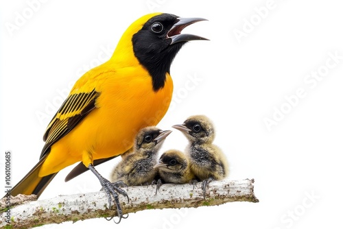 A beautiful hooded oriole mother bird feeds her chicks, demonstrating the strong bond of motherhood and the fragility of nature. This image symbolizes maternal care, nurturing, growth, new life, and t photo