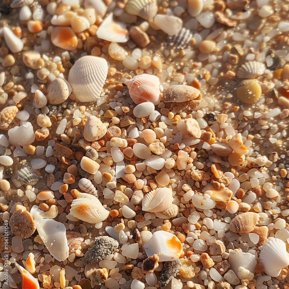 Small seashells and pebbles litter the beach sand Small seashells and pebbles litter the beach sand